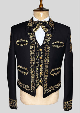 Men’s Black Mariachi 3-Piece Suit with Gold Embroidery & Matching Bow – Charro Style Wedding / Festival Outfit