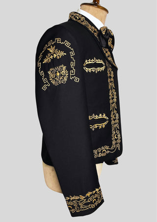 Men’s Black Mariachi 3-Piece Suit with Gold Embroidery & Matching Bow – Charro Style Wedding / Festival Outfit