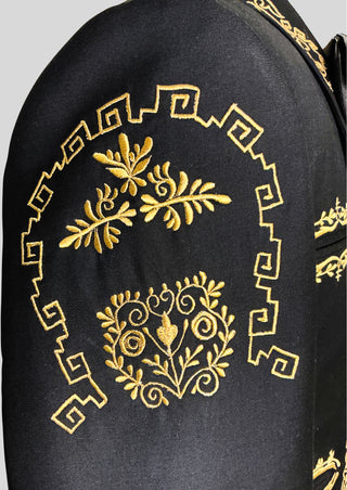 Men’s Black Mariachi 3-Piece Suit with Gold Embroidery & Matching Bow – Charro Style Wedding / Festival Outfit