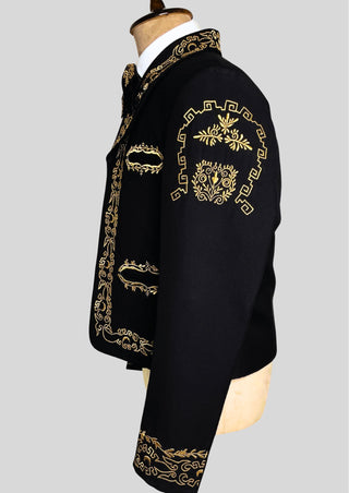 Men’s Black Mariachi 3-Piece Suit with Gold Embroidery & Matching Bow – Charro Style Wedding / Festival Outfit