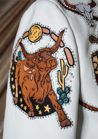 Men’s White Country Western Embroidered Rhinestone Blazer with Rodeo Motif