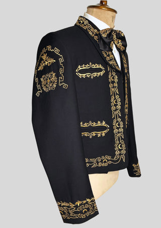 Men’s Black Embroidered Mariachi 3-Piece Suit – Gold Detailing Charro Wedding & Performance Outfit