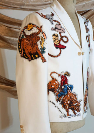 Men’s White Country Western Embroidered Rhinestone Blazer with Rodeo Motif