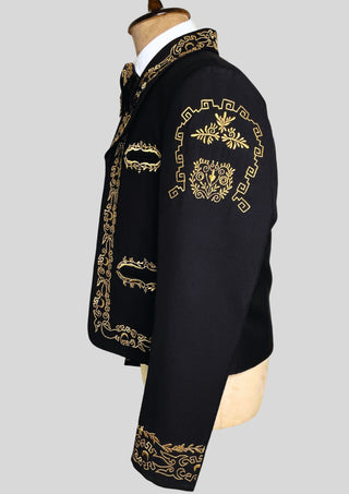 Men’s Black Embroidered Mariachi 3-Piece Suit – Gold Detailing Charro Wedding & Performance Outfit