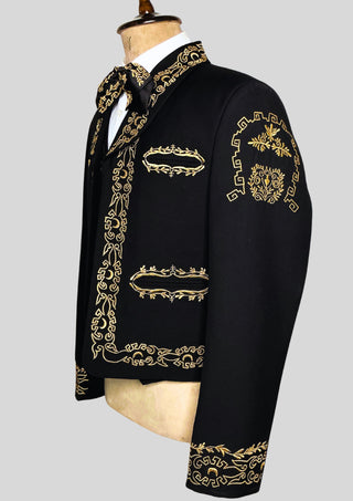 Men’s Black Embroidered Mariachi 3-Piece Suit – Gold Detailing Charro Wedding & Performance Outfit