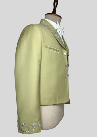 Men’s 3-Piece Mariachi Suit – Sage Green Embroidered Blazer, Waistcoat & Pants with Metal Buttons | Wedding & Theme Party Wear