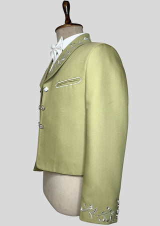 Men’s 3-Piece Mariachi Suit – Sage Green Embroidered Blazer, Waistcoat & Pants with Metal Buttons | Wedding & Theme Party Wear