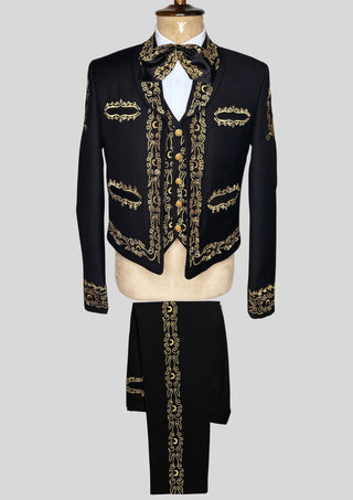 Men’s Black Embroidered Mariachi 3-Piece Suit – Gold Detailing Charro Wedding & Performance Outfit