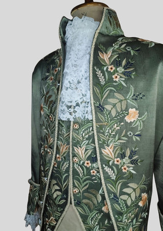 Men’s Green Satin Floral Embroidered Rococo 3 Piece Suit 18th Century Historical Costume