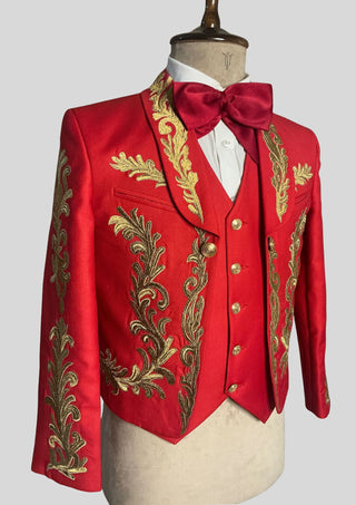 Men Red Mariachi 3-Piece Suit Gold Embroidered Mexican Groom Suit Traditional Charro Wedding Outfits