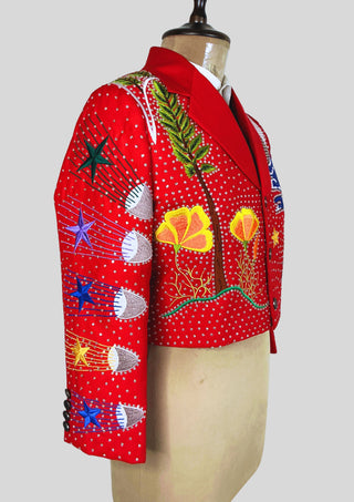 Men's Red Jacket Floral Embroidered Rhinestones Western Cocktail Cowboy Concert Outfits