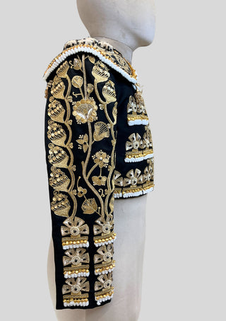 Men’s Luxury Matador Crop Jacket – Black & Gold Fully Embroidered Spanish Torero Bolero Jacket
