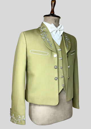 Men’s 3-Piece Mariachi Suit – Sage Green Embroidered Blazer, Waistcoat & Pants with Metal Buttons | Wedding & Theme Party Wear