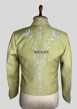 Men’s 3-Piece Mariachi Suit – Sage Green Embroidered Blazer, Waistcoat & Pants with Metal Buttons | Wedding & Theme Party Wear