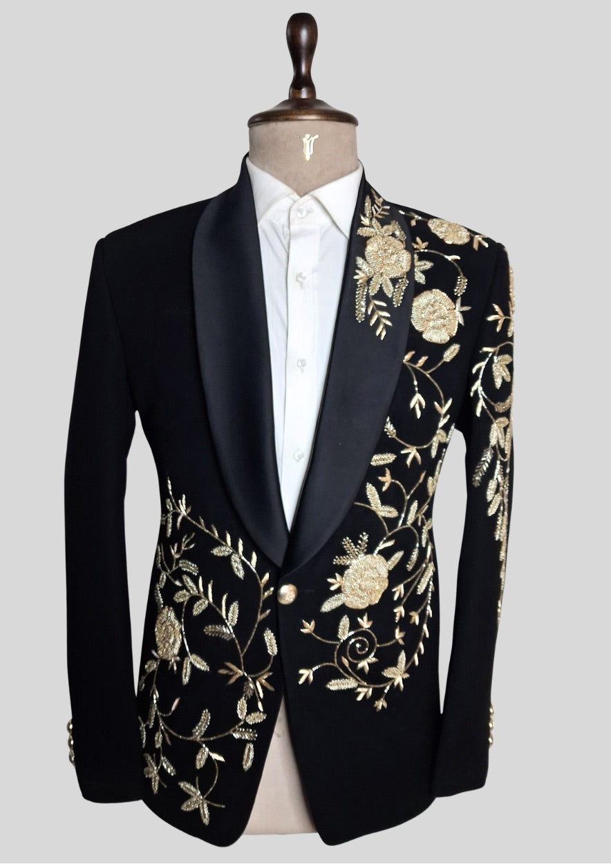 Men’s Black Embroidered Tuxedo Blazer – Luxury Floral Shawl Lapel Dinner Jacket