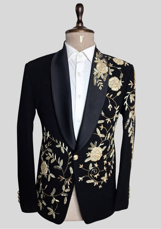 Men’s Black Embroidered Tuxedo Blazer – Luxury Floral Shawl Lapel Dinner Jacket
