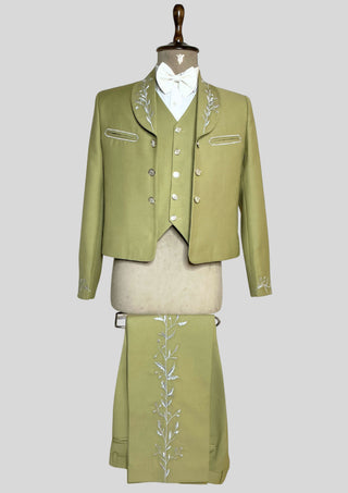 Men’s 3-Piece Mariachi Suit – Sage Green Embroidered Blazer, Waistcoat & Pants with Metal Buttons | Wedding & Theme Party Wear