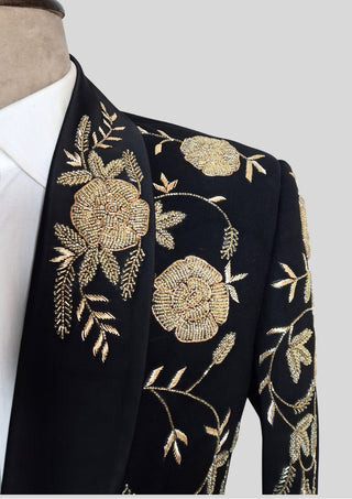 Men’s Black Embroidered Tuxedo Blazer – Luxury Floral Shawl Lapel Dinner Jacket