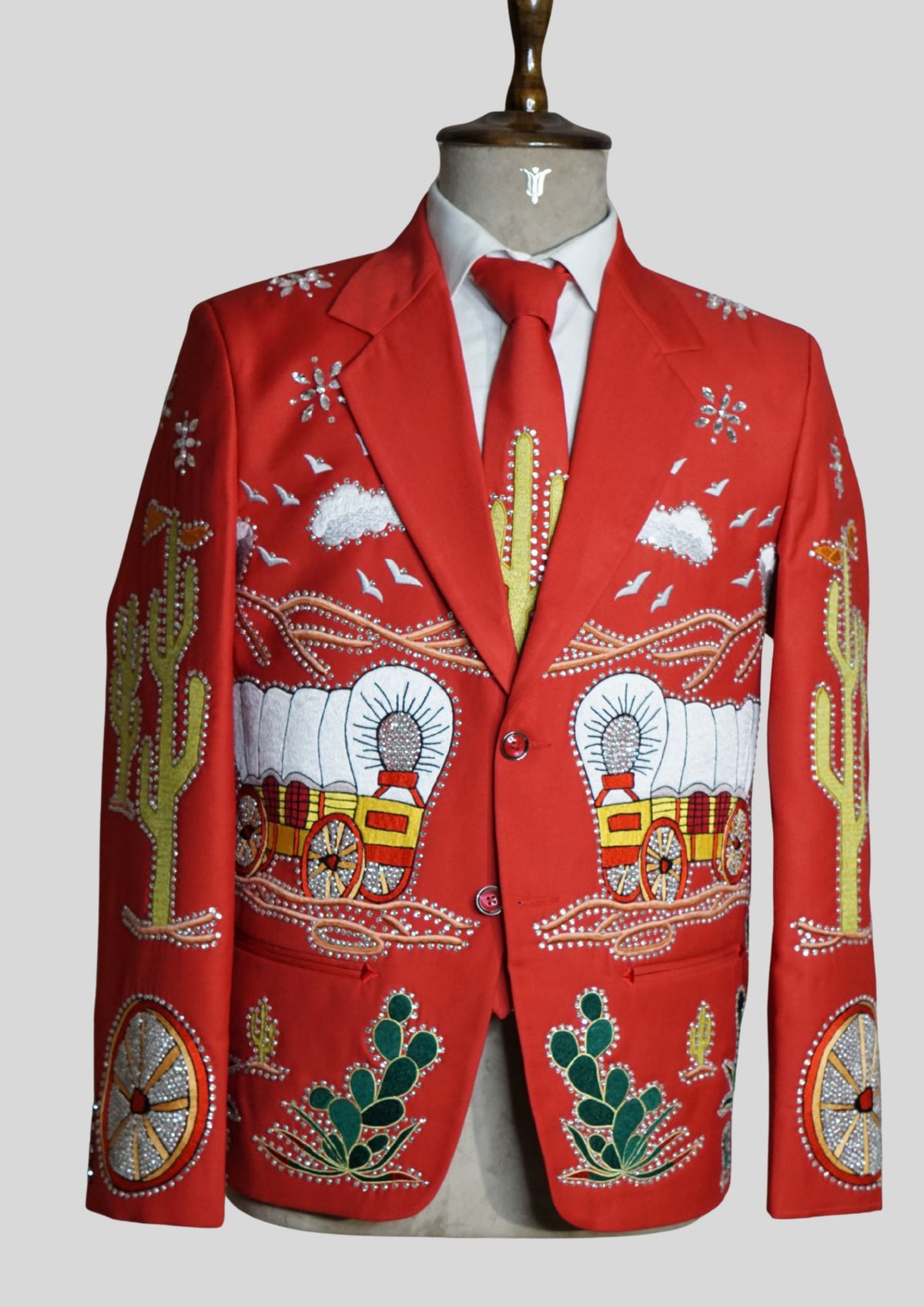 Men’s Red Embroidered Western Party Blazer Embellishment Train Style Blazer  Country Wedding Groom Outfit