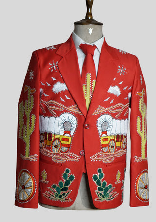 Men’s Red Embroidered Western Party Blazer Embellishment Train Style Blazer  Country Wedding Groom Outfit