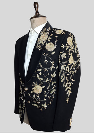 Men’s Black Embroidered Tuxedo Blazer – Luxury Floral Shawl Lapel Dinner Jacket