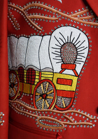 Men’s Red Embroidered Western Party Blazer Embellishment Train Style Blazer  Country Wedding Groom Outfit