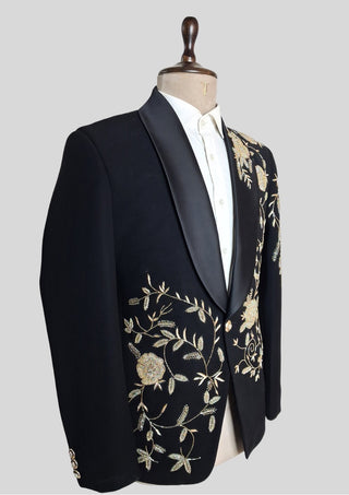 Men’s Black Embroidered Tuxedo Blazer – Luxury Floral Shawl Lapel Dinner Jacket
