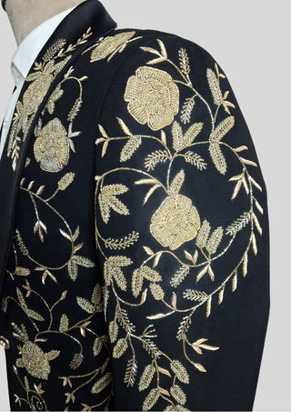 Men’s Black Embroidered Tuxedo Blazer – Luxury Floral Shawl Lapel Dinner Jacket