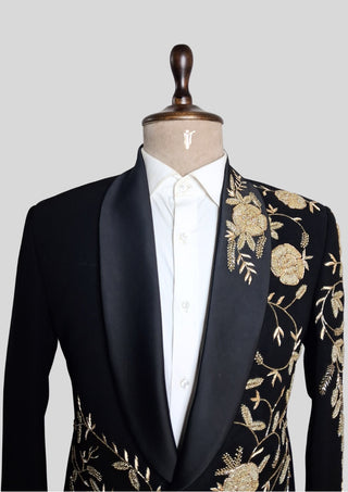 Men’s Black Embroidered Tuxedo Blazer – Luxury Floral Shawl Lapel Dinner Jacket