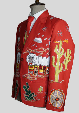 Men’s Red Embroidered Western Party Blazer Embellishment Train Style Blazer  Country Wedding Groom Outfit