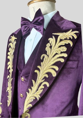 Men’s Purple Velvet Rococo 4 Piece Suit with Cape – Gold Embroidered Blazer, Waistcoat & Plain Pants