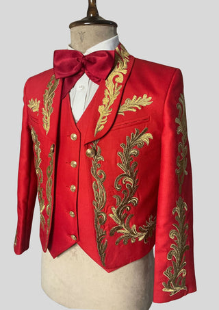 Men Red Mariachi 3-Piece Suit Gold Embroidered Mexican Groom Suit Traditional Charro Wedding Outfits