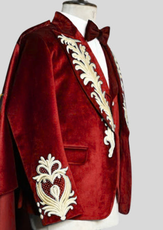 Men;s Maroon Velvet 4 Piece Embroidered Rococo Suit For Carnival Party Outfit