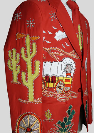 Men’s Red Embroidered Western Party Blazer Embellishment Train Style Blazer  Country Wedding Groom Outfit