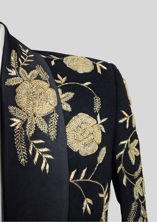 Men’s Black Embroidered Tuxedo Blazer – Luxury Floral Shawl Lapel Dinner Jacket