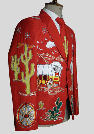 Men’s Red Embroidered Western Party Blazer Embellishment Train Style Blazer  Country Wedding Groom Outfit