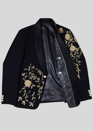 Men’s Black Embroidered Tuxedo Blazer – Luxury Floral Shawl Lapel Dinner Jacket