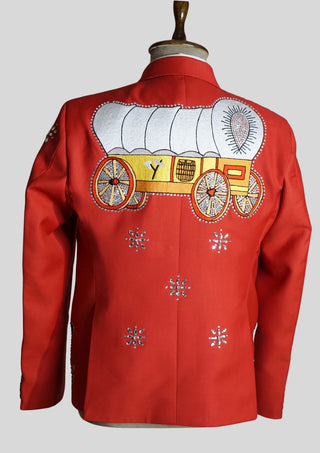 Men’s Red Embroidered Western Party Blazer Embellishment Train Style Blazer  Country Wedding Groom Outfit