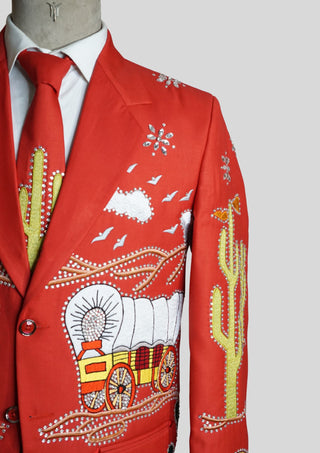 Men’s Red Embroidered Western Party Blazer Embellishment Train Style Blazer  Country Wedding Groom Outfit