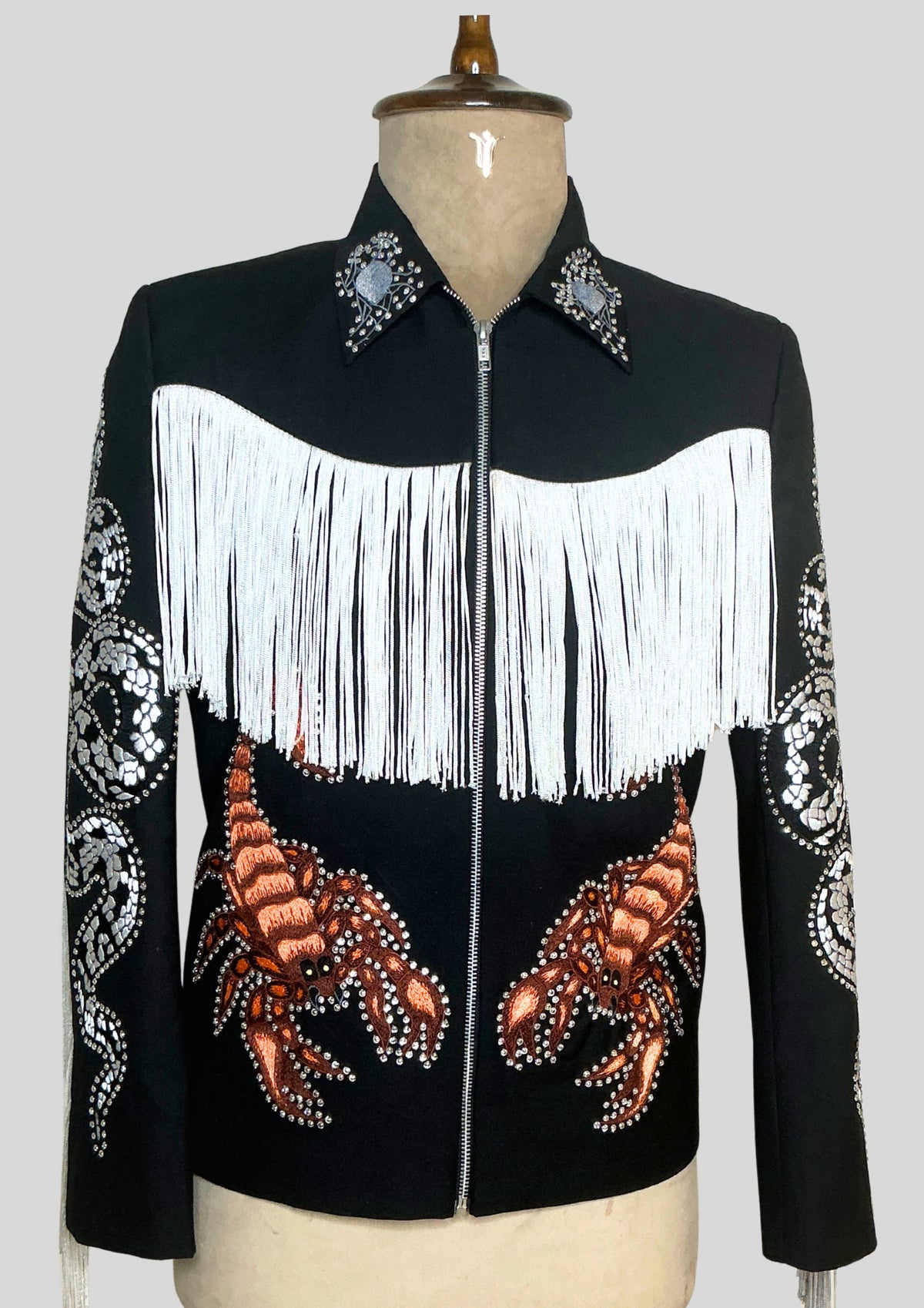 Men’s Black Embroidered Cowboy Fringe Jacket with Rhinestones Country Part Outfit
