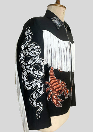 Men’s Black Embroidered Cowboy Fringe Jacket with Rhinestones Country Part Outfit