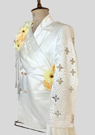 Men’s Ivory White Satin Embellished 3 Piece Suit with Rhinestones Double Breasted Blazer Groom Wedding Party Outfit