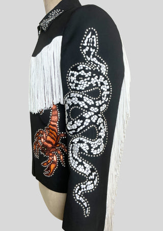 Men’s Black Embroidered Cowboy Fringe Jacket with Rhinestones Country Part Outfit