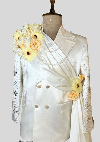 Men’s Ivory White Satin Embellished 3 Piece Suit with Rhinestones Double Breasted Blazer Groom Wedding Party Outfit