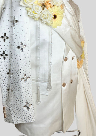 Men’s Ivory White Satin Embellished 3 Piece Suit with Rhinestones Double Breasted Blazer Groom Wedding Party Outfit