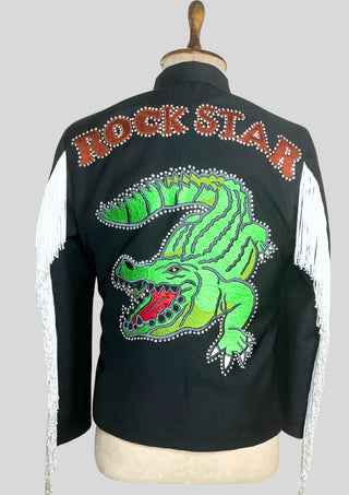 Men’s Black Embroidered Cowboy Fringe Jacket with Rhinestones Country Part Outfit