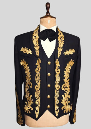 Men Custom Black Mariachi Charro Suit Gold Embroidered Mexican Outfit