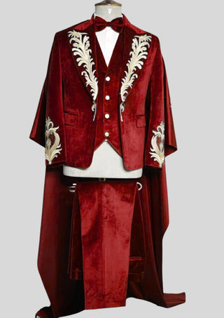 Men;s Maroon Velvet 4 Piece Embroidered Rococo Suit For Carnival Party Outfit