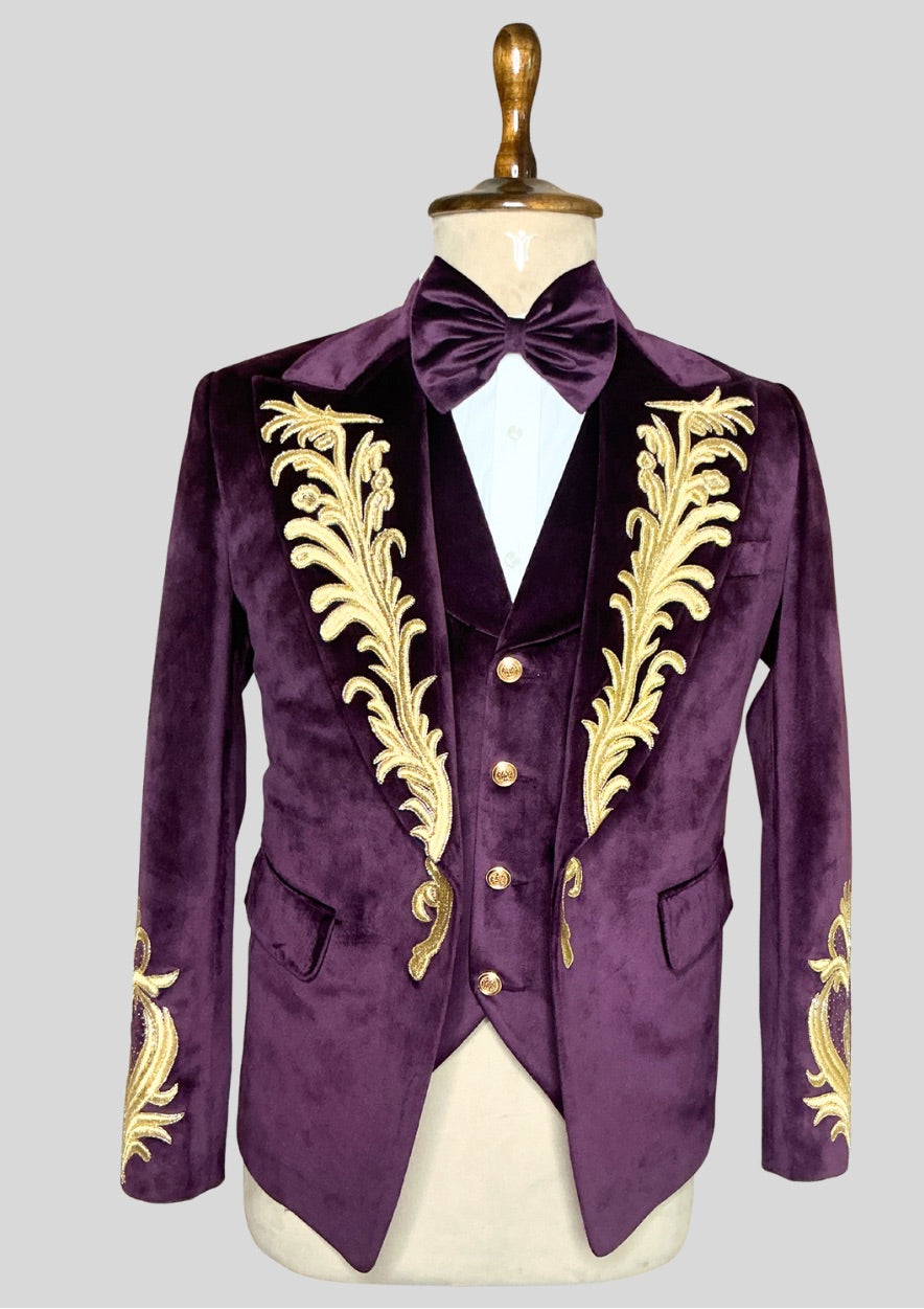 Men’s Purple Velvet Rococo 4 Piece Suit with Cape – Gold Embroidered Blazer, Waistcoat & Plain Pants