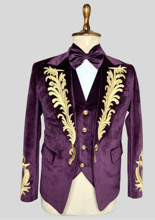 Men’s Purple Velvet Rococo 4 Piece Suit with Cape – Gold Embroidered Blazer, Waistcoat & Plain Pants